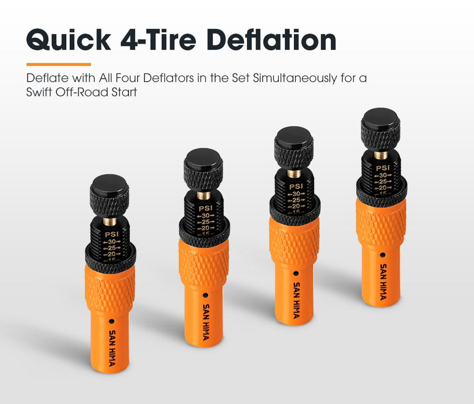 SAN HIMA Automatic Tire Deflator Kit 10-30 PSI, Auto-Stop Tire Deflator Valve Adjustable, Screw-on Air Down Tyre Tool w/Storage Pouch, Rotate Detach, for Car Trucks RVs UTVs Schrader Tires (Set of 4)