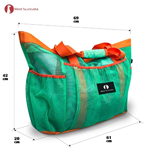 Red Suricata Large Mesh Beach Bag – Mesh Beach Tote Bag with Pockets - Beach Bags and Totes for Women with Zipper & 7 Large Elastic Pockets for Beach Accessories - Water Aerobics Bag