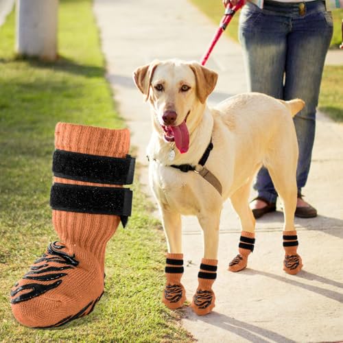 Anti-Slip Dog Socks with Double Sides Grips for Hardwood Floor,Dog Boots to Prevent Licking with 2 Adjustable Straps (Orange, M)