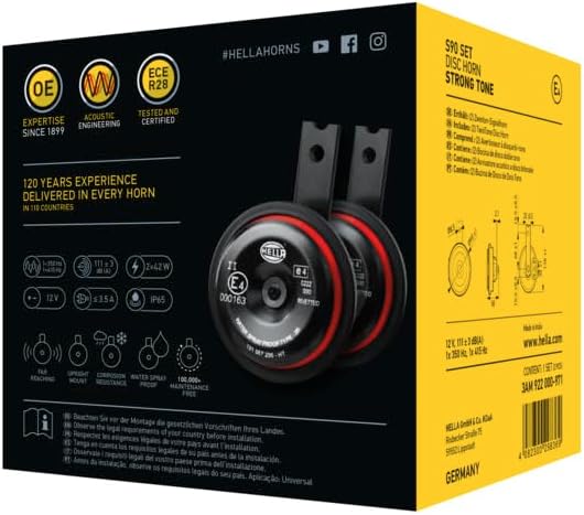 HELLA 3AM 922 000-971 Horn - S90-12V - 113dB(A) - Frequency range: 350/415Hz - Housing colour: red/black - Blade connector - Set