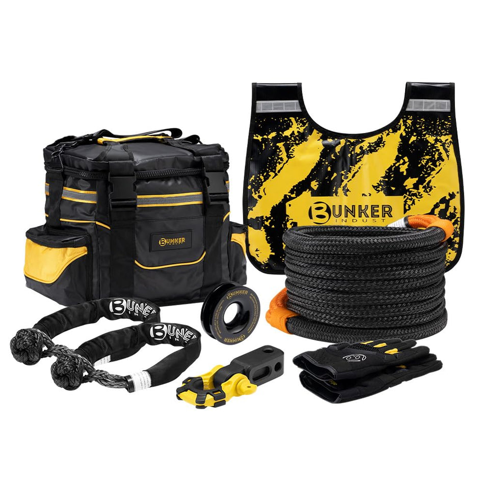 BUNKER INDUST Off-Road Recovery Kit with 15,422kg 9Mx1Inch Kinetic Rope, Hitch Receiver, Soft Shackles, Recovery Ring & Winch Damper - Heavy Duty Reliable Safe Recovery Gear w/Glove, Carry Bag