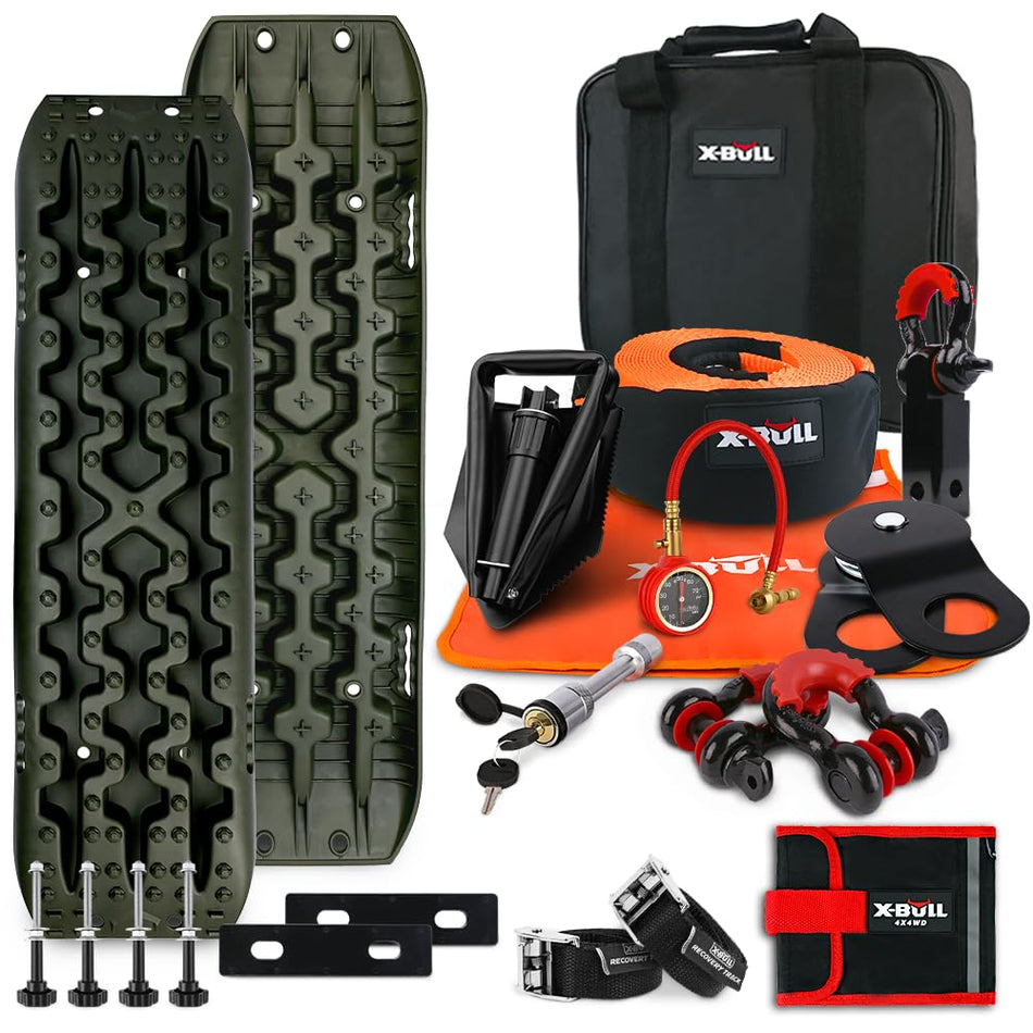 X-Bull Recovery Tracks and Winch Accessories Kit 15Pcs 4x4 Off-Road Recovery Kit for Recover Automotive Stuck in Mud/Snow/Sand Olive Green