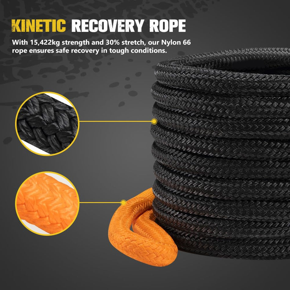 BUNKER INDUST Off-Road Recovery Kit with 15,422kg 9Mx1Inch Kinetic Rope, Hitch Receiver, Soft Shackles, Recovery Ring & Winch Damper - Heavy Duty Reliable Safe Recovery Gear w/Glove, Carry Bag