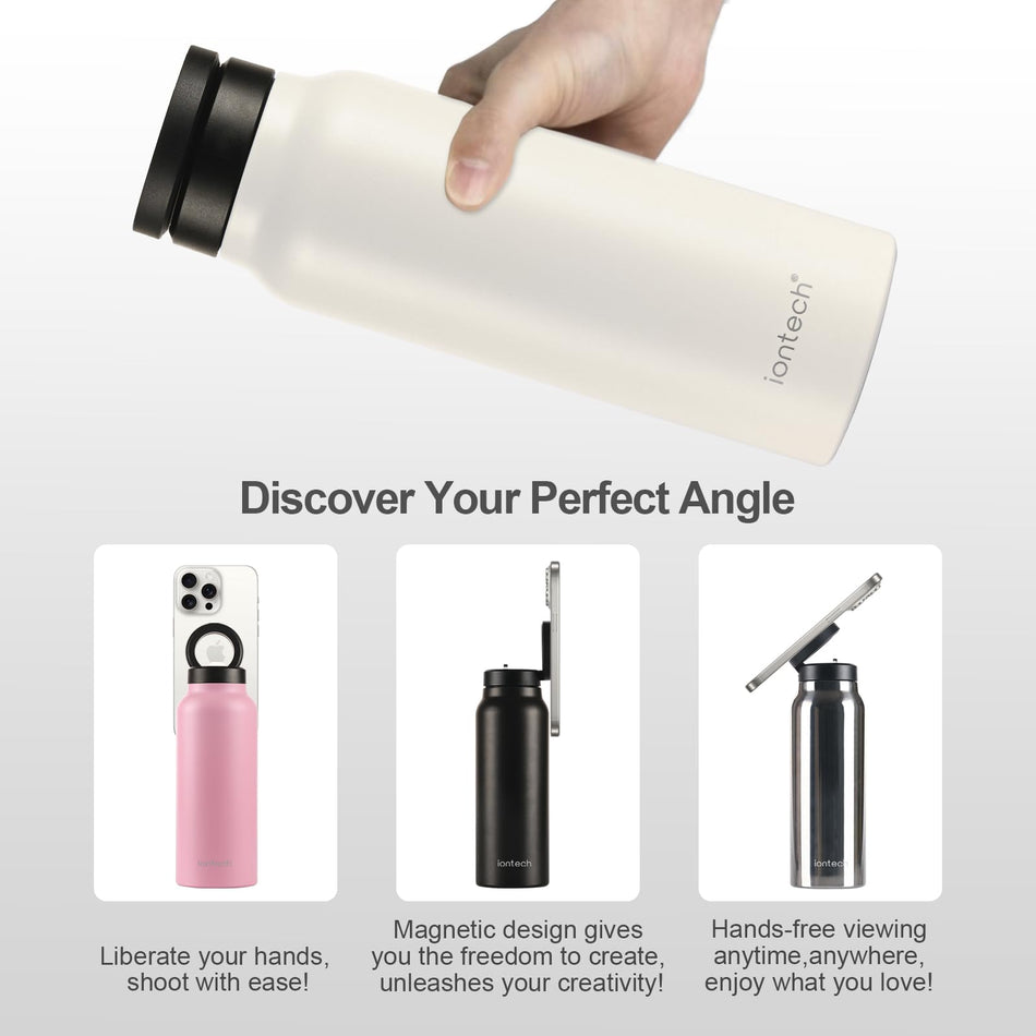 iontech Water Bottle Compatible with Magsafe iPhone Holder, 32oz Insulated Stainless Steel Flask with Magnetic Phone Tripod Mount Stand For Gym Sports Travel Car Cup, Hot 12H Cold 24H (Blue)