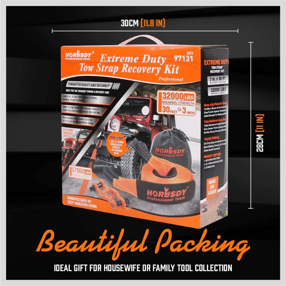 HORUSDY Recovery Tow Strap 3" x 30Ft/9.1M Snatch Strap - Heavy Duty 32,000 LBS Break Strength, 3/4" D Ring Shackles (2pcs), Recover Your Vehicle Stuck in Mud/Snow