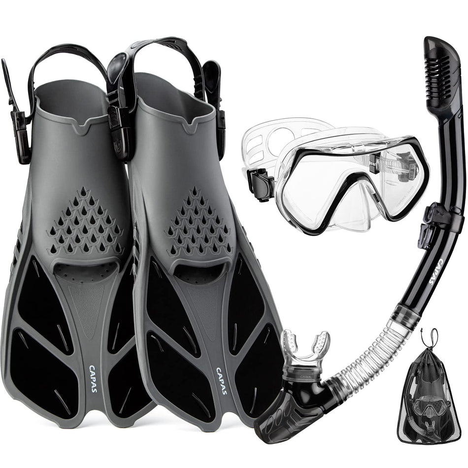 CAPAS Snorkel Mask Fins Set, Travel Size Snorkeling Gear for Adults with Short Adjustable Swim Fins, High Resistant Scuba Diving Mask and Dry Top Snorkel, Come with a Carrying Bag