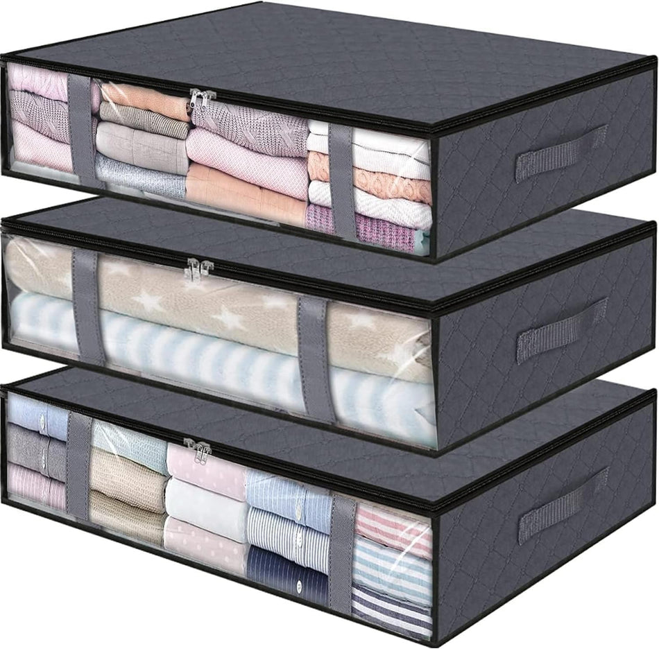 3-Pack 40L Underbed Storage Bags,H HOME-MART Under Bed Shoe Storage Containers Clothes Organizers with Reinforced Handles,See-Through Window Sheet Organiser for Clothing, Blankets (3-Pack)