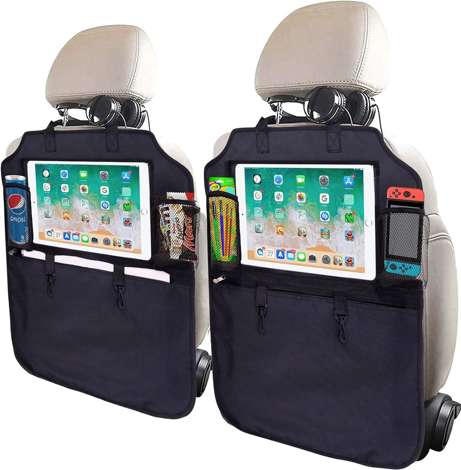 SRAMI Kick Mats Car Seat Back Protectors Back of Seat Organizers 2 Pack XL with 1 Tissue Box Clear 13" iPad Holder Large Storage Organizers