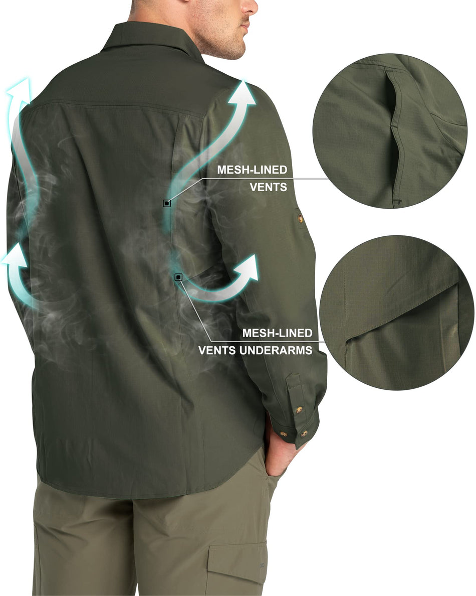 33,000ft Men's Long Sleeve Hiking Shirt Lightweight Quick Dry UPF50+ Button Shirts with Pockets Outdoor Shirts for Safari Walking Fishing