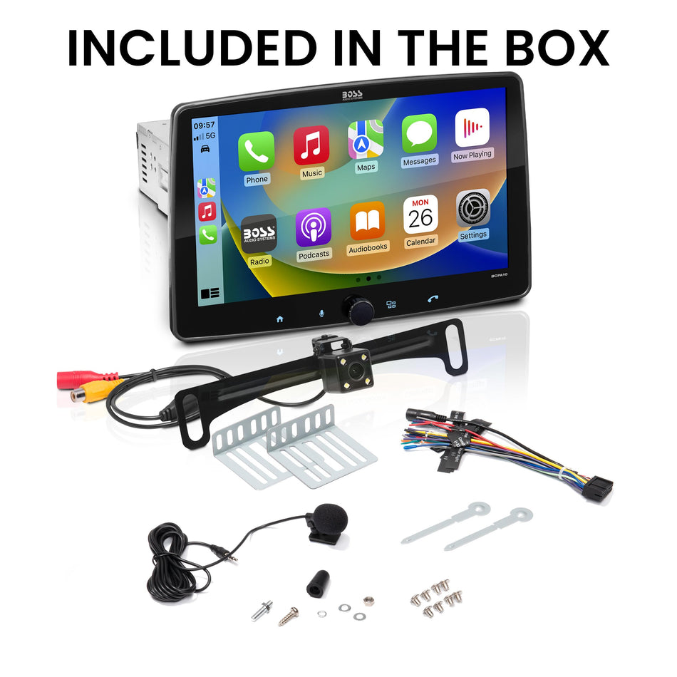 BOSS Audio Systems BCPA10RC Apple CarPlay Android Auto Car Multimedia Player - Single Din Chassis with 10.1 Inch Capacitive Touchscreen, Bluetooth, No DVD, RGB Illumination, Rear Camera Included