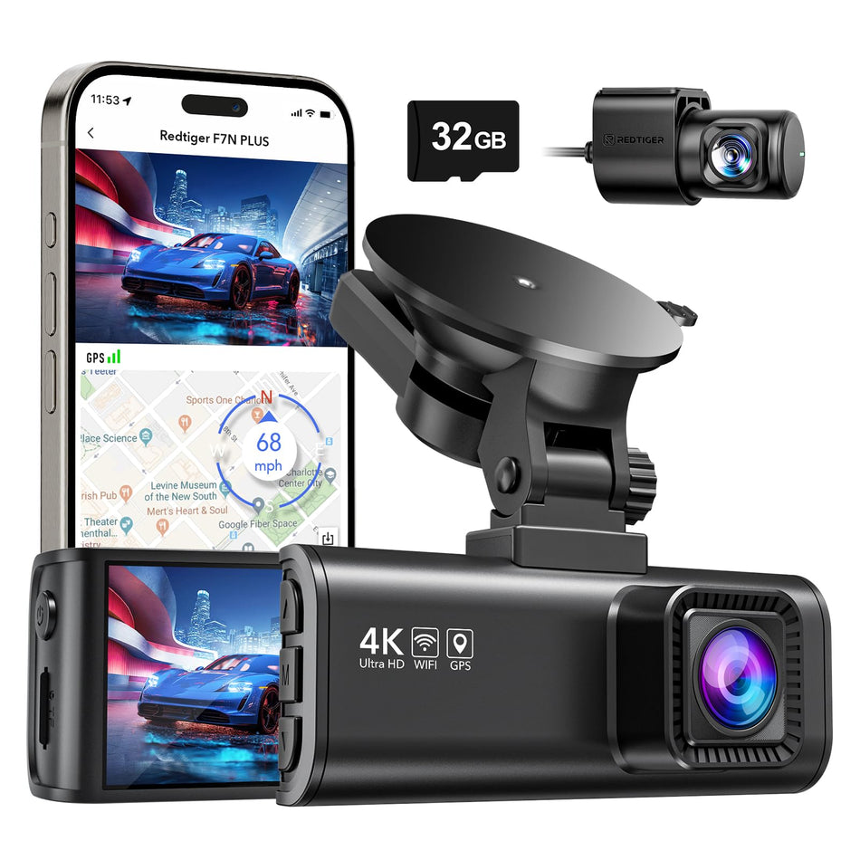 REDTIGER Dash Cam Front Rear Dash Camera 4K/2.5K Full HD Car Dashboard Recorder with 3.18” IPS Screen, Wi-Fi GPS Night Vision Loop Recording 170° Wide Angle WDR, Included 32GB Card (F7NP)