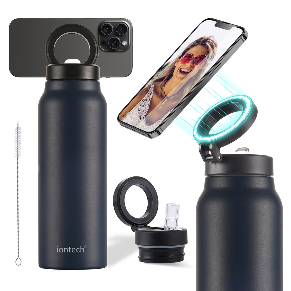 iontech Water Bottle Compatible with Magsafe iPhone Holder, 32oz Insulated Stainless Steel Flask with Magnetic Phone Tripod Mount Stand For Gym Sports Travel Car Cup, Hot 12H Cold 24H (Blue)