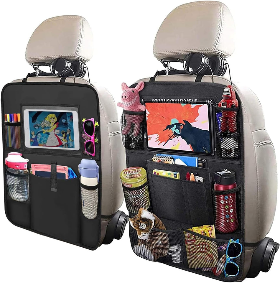 2 Pack Car Backseat Organiser with 10" Tablet Holder Anti Kick Mats Back Seat Protector Car Back Seat Organizer for Kids Car Travel Accessories Kids Toy Storage with 9 Storage Pockets