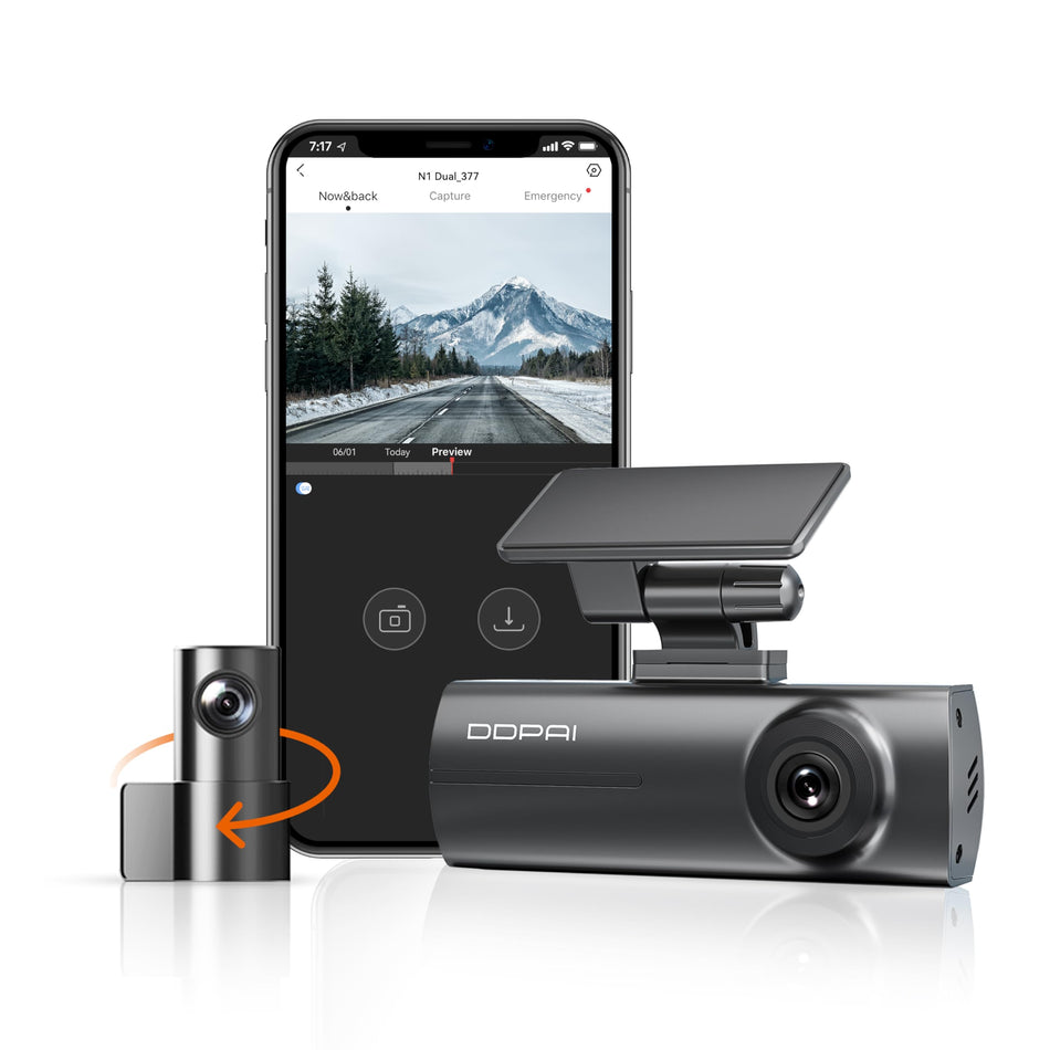DDPAI Car Dash Cam 1296P+1080P Front and Rear Built-in WiFi G-Sensor with Smart APP Control, Night Vision, WDR, Loop Recording, Collision Lock, 24 Hours Parking Monitor, Support 256GB TF Card, N1 Dual