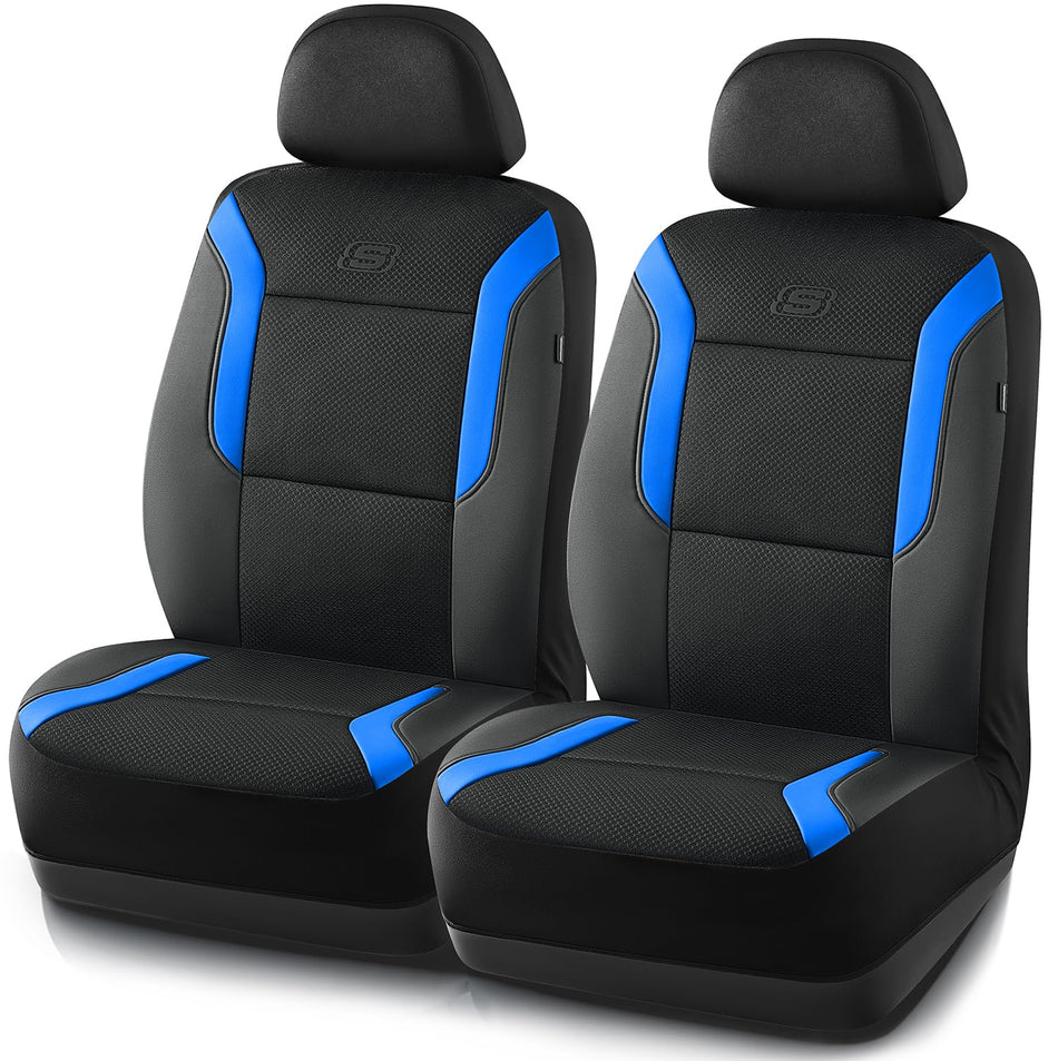 Skechers Memory Foam Car Seat Covers, Leather & Mesh Thick Protection, Blue Front Cover, Airbag Compatible, Automotive Comfort & Protection for Most Cars, Trucks, SUVs, Blue & Memory Foam (SK01053)