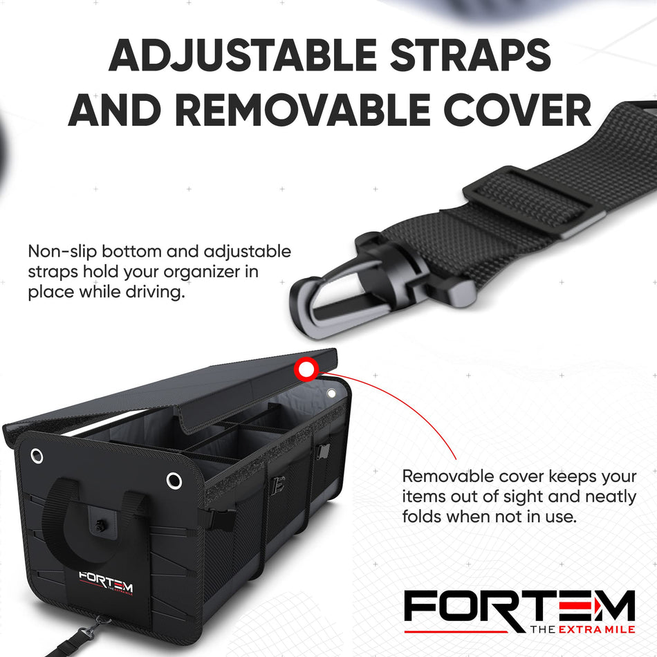 FORTEM Car Boot Organiser, Car Boot Tidy, Car Boot Storage, Collapsible Multi Compartment Car Organiser, Non Slip Bottom, Adjustable Securing Straps, Foldable Cover (3 Compartments, Black)