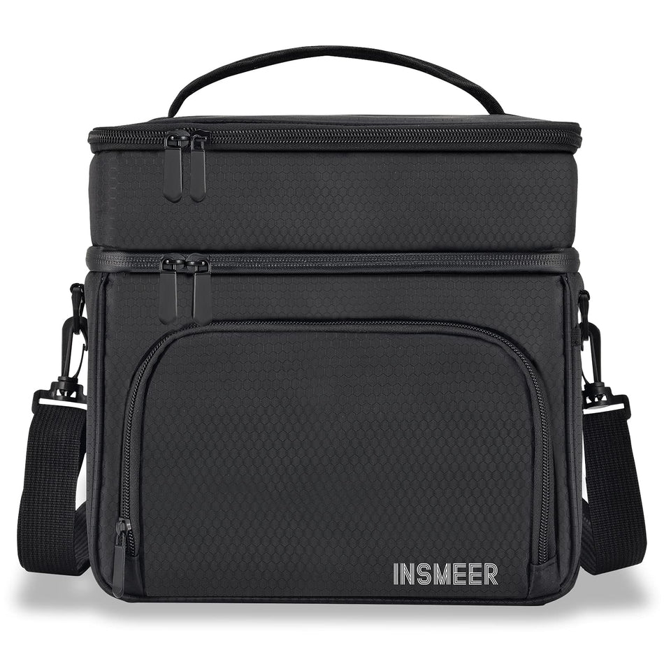 2 Decks Large Lunch Bag for Women/Men, 16L Lightweight Lunch Box Lunch Cooler Leakproof Insulated, with Waterproof Zipper/Shoulder Strap for Work, Office, School, Outdoor, Picnic, Kids (Black)
