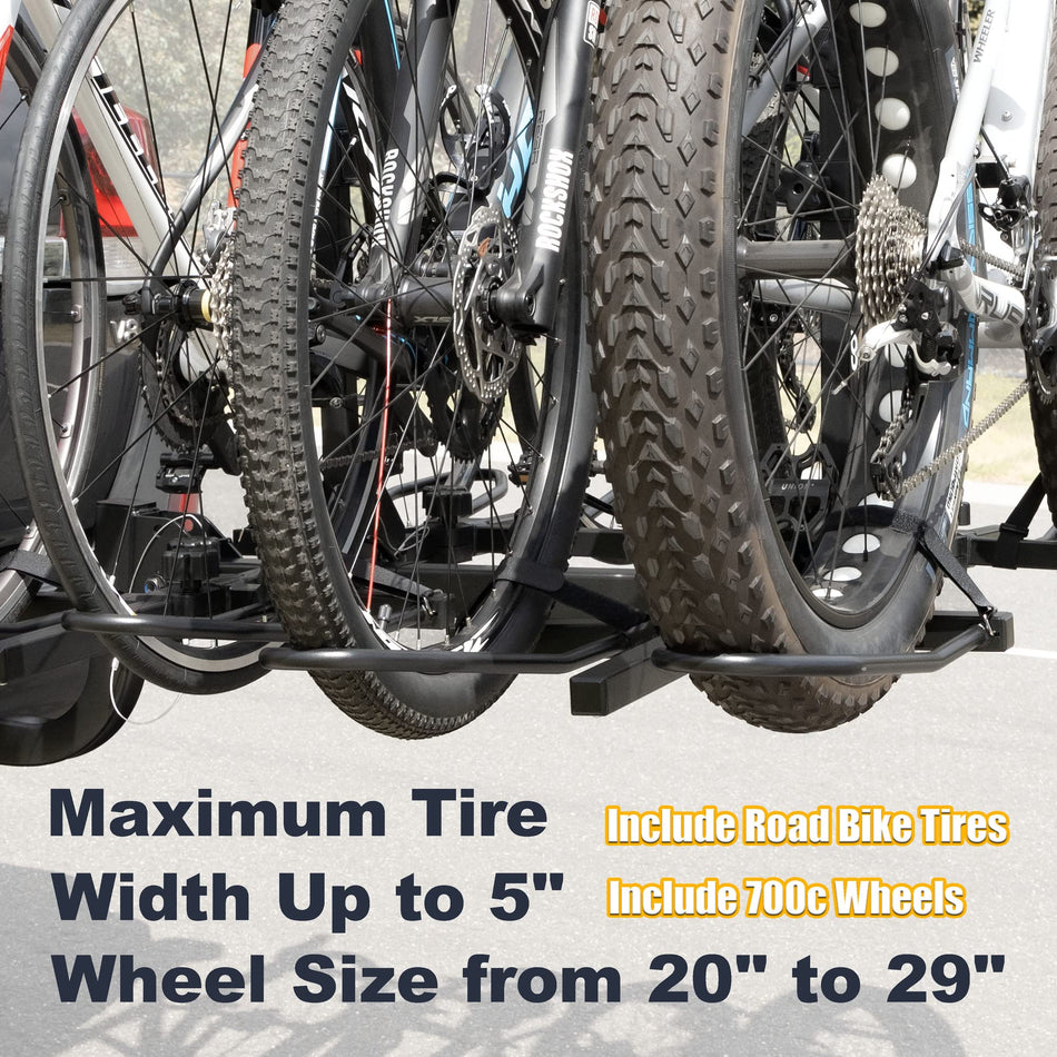 CyclingDeal 2" Hitch Mounted 4 Bike Rack - Max Tire Width up to 5"- Load up to 20kg Per Bike - Platform Style Carrier Rack for Fat Bikes - 20"- 29" MTB & 700C Road Bikes