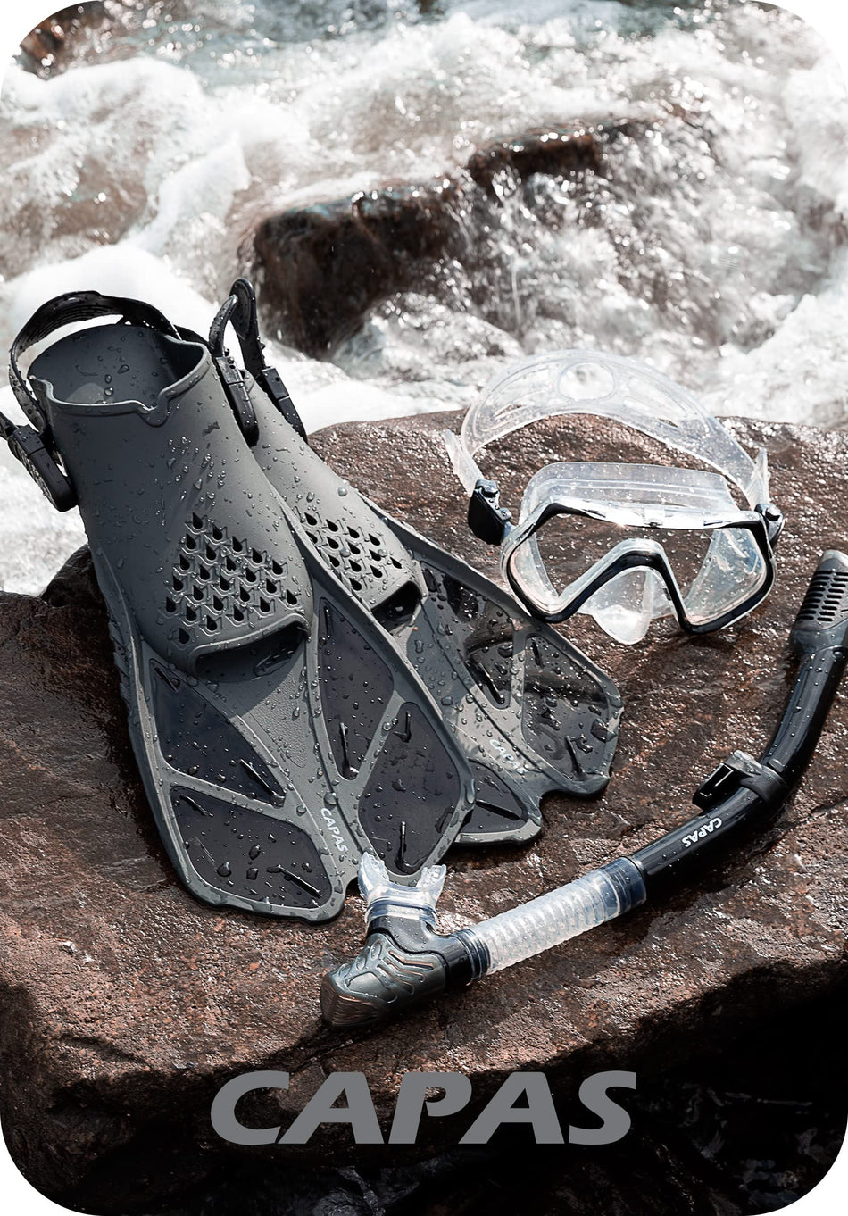 CAPAS Snorkel Mask Fins Set, Travel Size Snorkeling Gear for Adults with Short Adjustable Swim Fins, High Resistant Scuba Diving Mask and Dry Top Snorkel, Come with a Carrying Bag