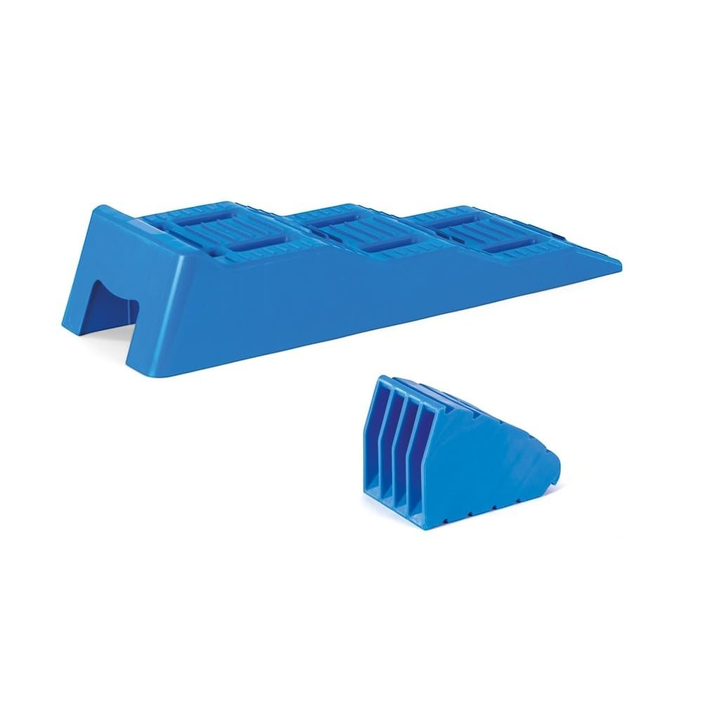 Companion blue heavy-duty plastic caravan leveller ramp with three height options and a wheel chock.