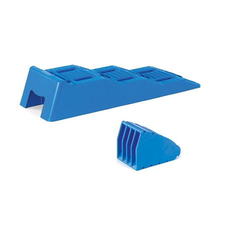 Companion blue heavy-duty plastic caravan leveller ramp with three height options and a wheel chock.