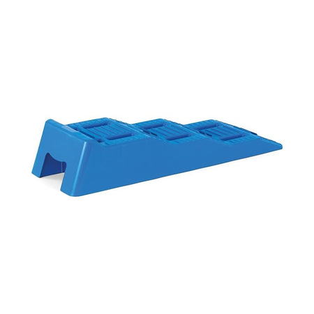Companion blue heavy-duty plastic caravan leveller ramp with integrated wheel chock. Offers three height levels.