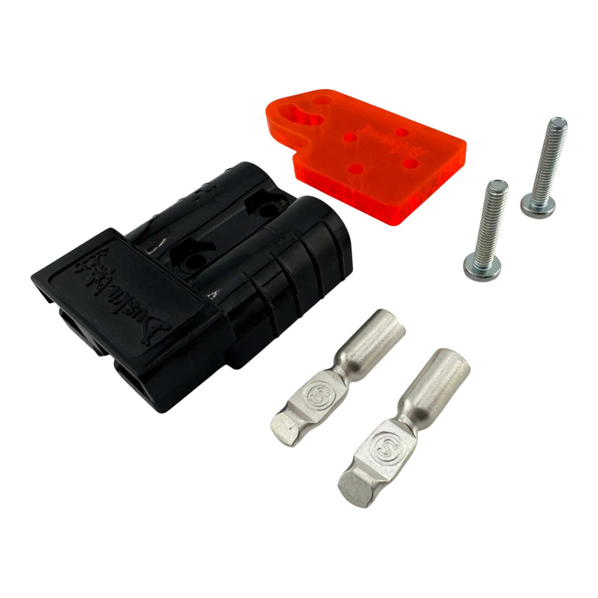 Duskie 50A high-current connector kit with orange acrylic mounting bracket and stainless steel terminals.