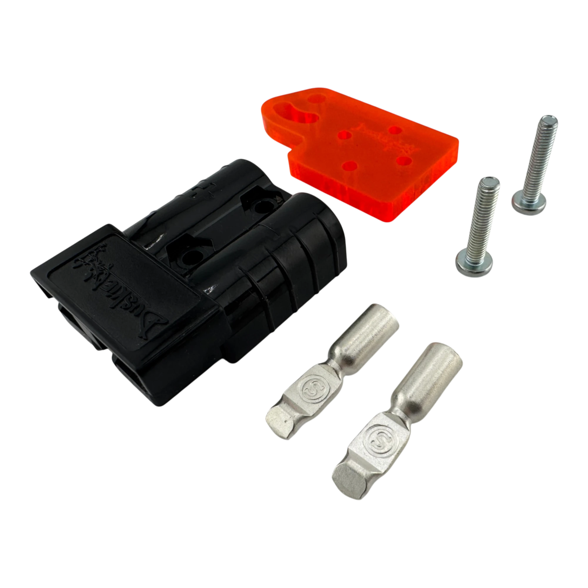 Duskie 50A high-current connector kit with orange acrylic mounting bracket and stainless steel terminals.