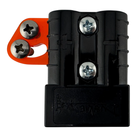 Duskie 50A high-current connector with orange acrylic mounting bracket and stainless steel screws.