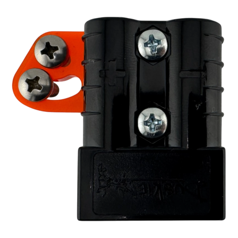 Duskie 50A high-current connector with orange acrylic mounting bracket and stainless steel screws.