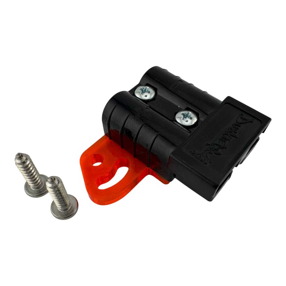 Duskie 50A high-current connector with orange acrylic mounting bracket and stainless steel screws. For 12V/24V systems.