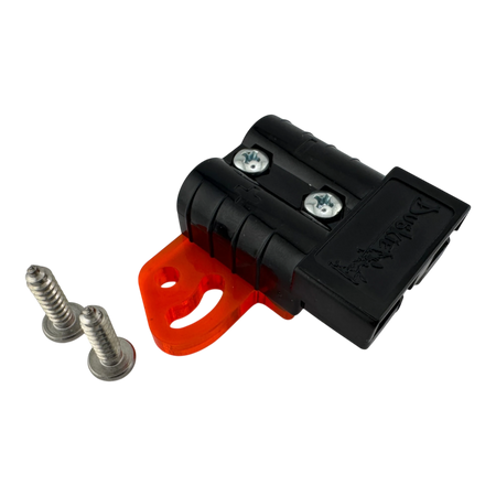 Duskie 50A high-current connector with orange acrylic mounting bracket and stainless steel screws. For 12V/24V systems.