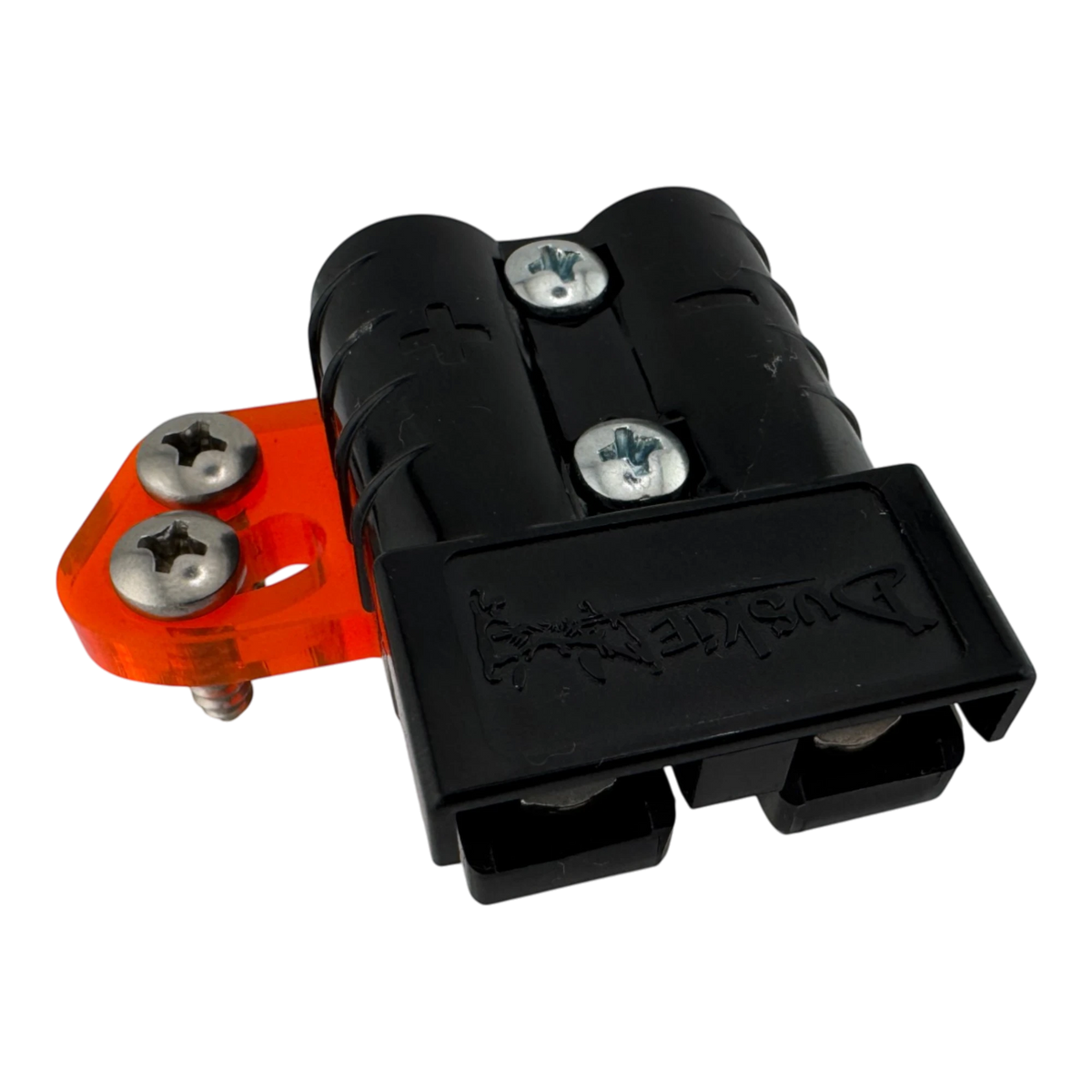 Duskie 50A high-current connector with orange acrylic mounting bracket and stainless steel hardware.