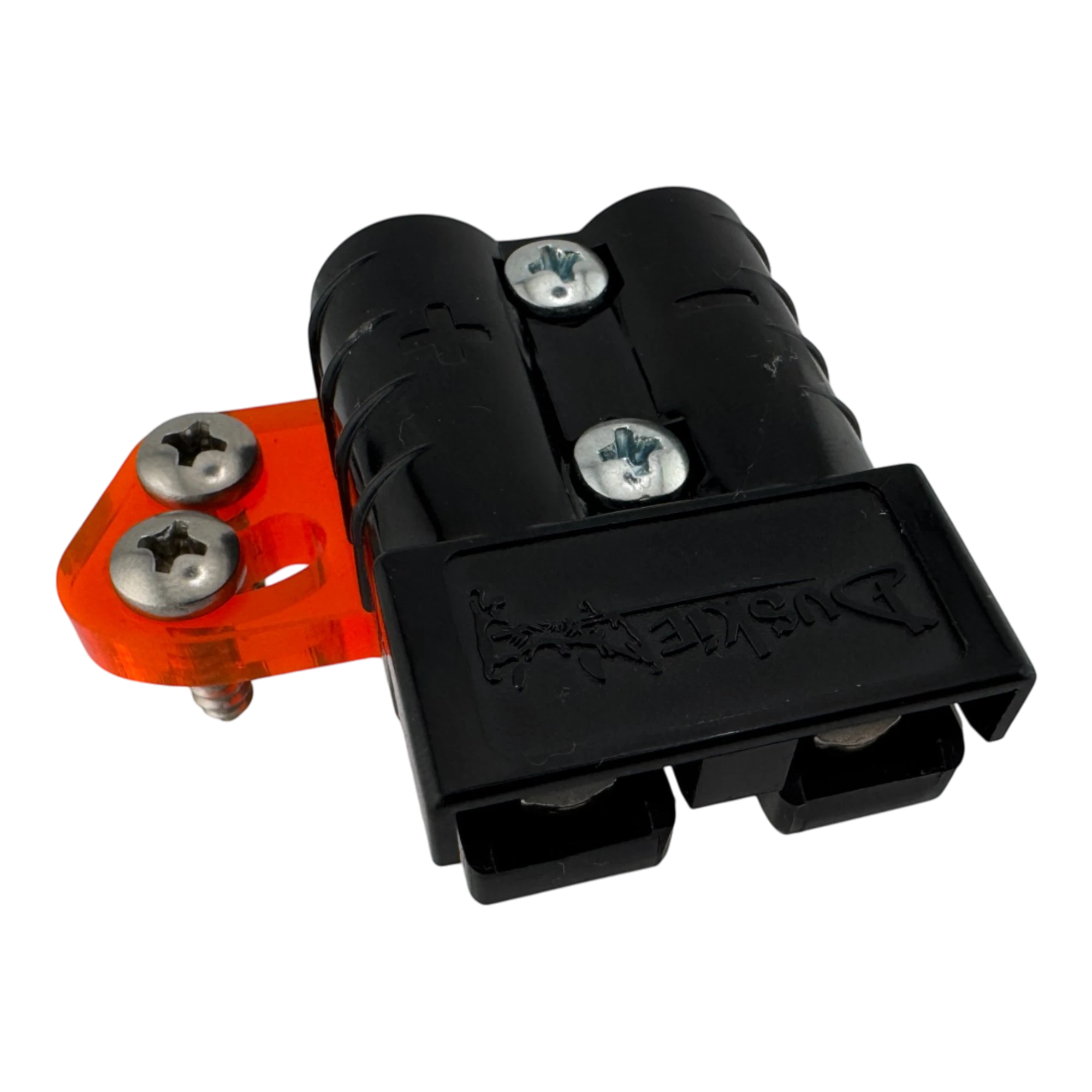 Duskie 50A high-current connector with orange acrylic mounting bracket and stainless steel hardware.