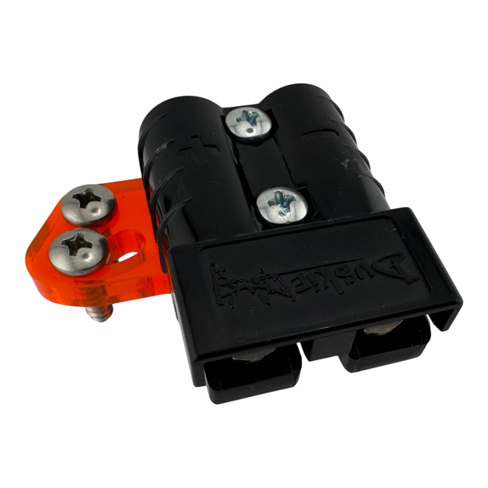 Duskie 50A high-current connector with orange acrylic mounting bracket and stainless steel hardware.