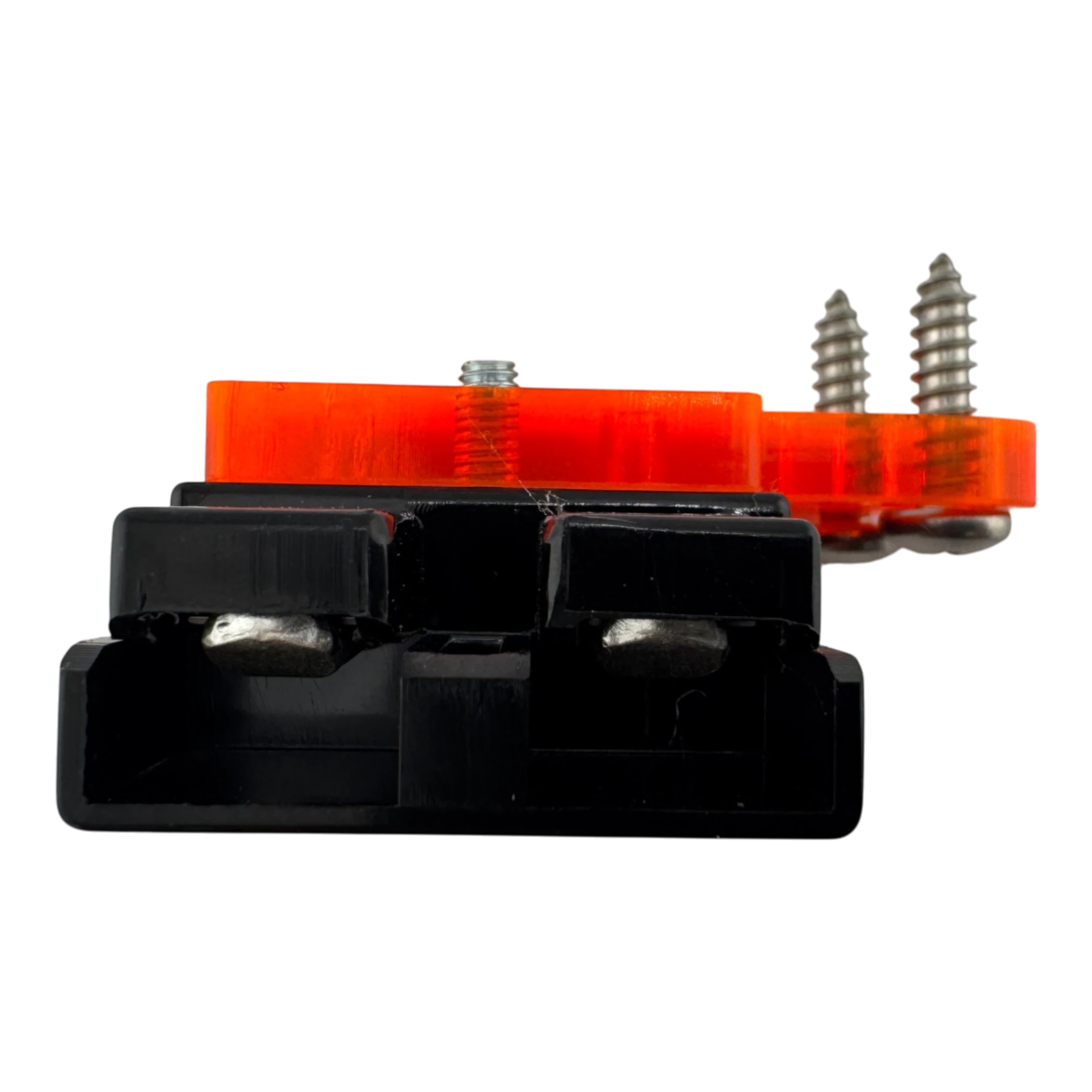 Duskie 50A high-current connector with orange acrylic mounting bracket and stainless steel screws.