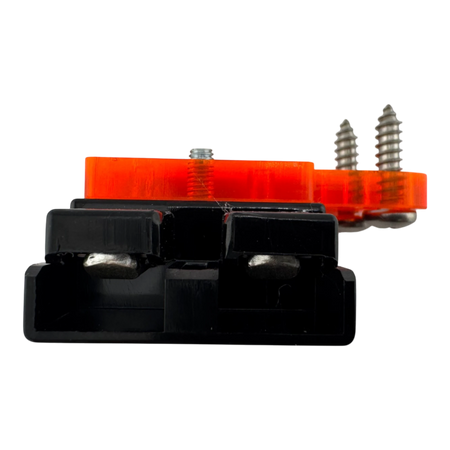 Duskie 50A high-current connector with orange acrylic mounting bracket and stainless steel screws.