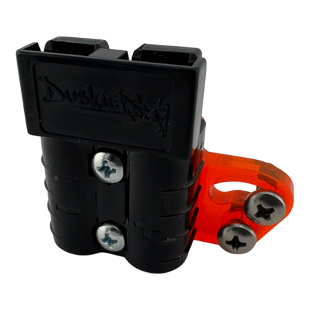Duskie 50A high-current connector with orange acrylic mounting bracket and stainless steel screws. Black connector.