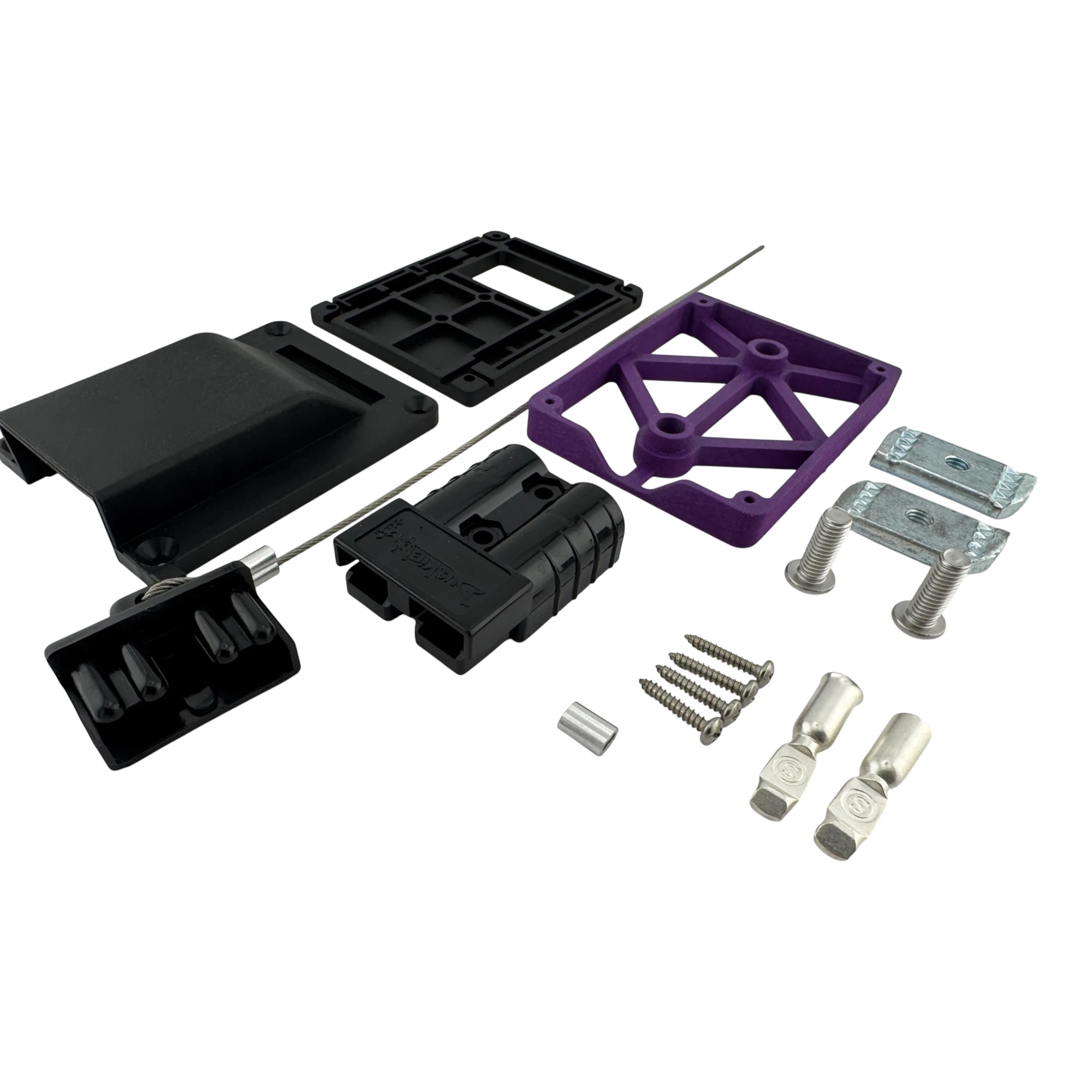 Duskie heavy-duty nylon 50A connector mount with purple bracket, black housing, and hardware. For rooftop tent power.
