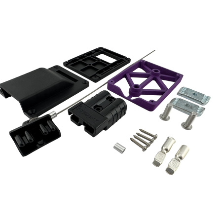 Duskie heavy-duty nylon 50A connector mount with purple bracket, black housing, and hardware. For rooftop tent power.