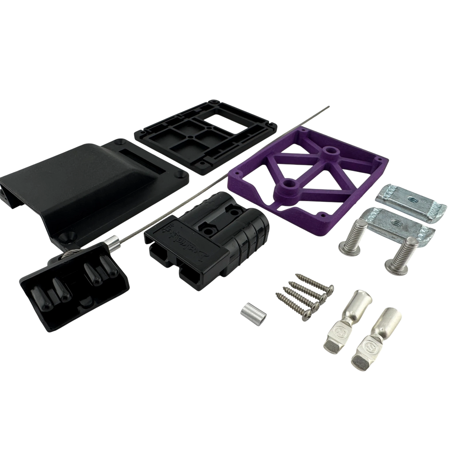 Duskie heavy-duty nylon 50A connector mount with purple bracket, black housing, and hardware. For rooftop tent power.