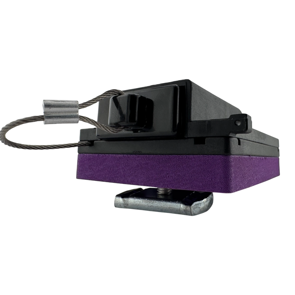 Duskie heavy-duty nylon 50A connector roof rack mount with purple accent and stainless steel lanyard.