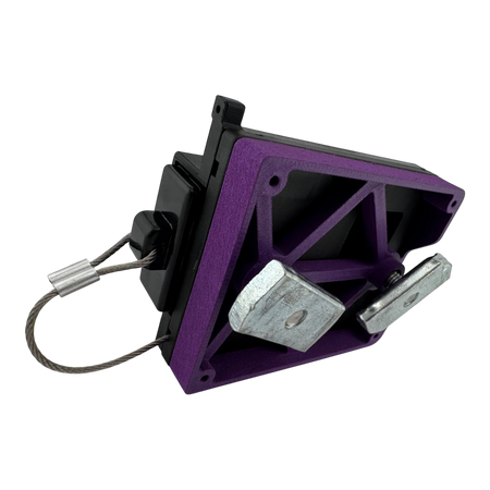 Duskie heavy-duty nylon 50A connector roof rack mount in purple with silver T-slot hardware and wire lanyard.