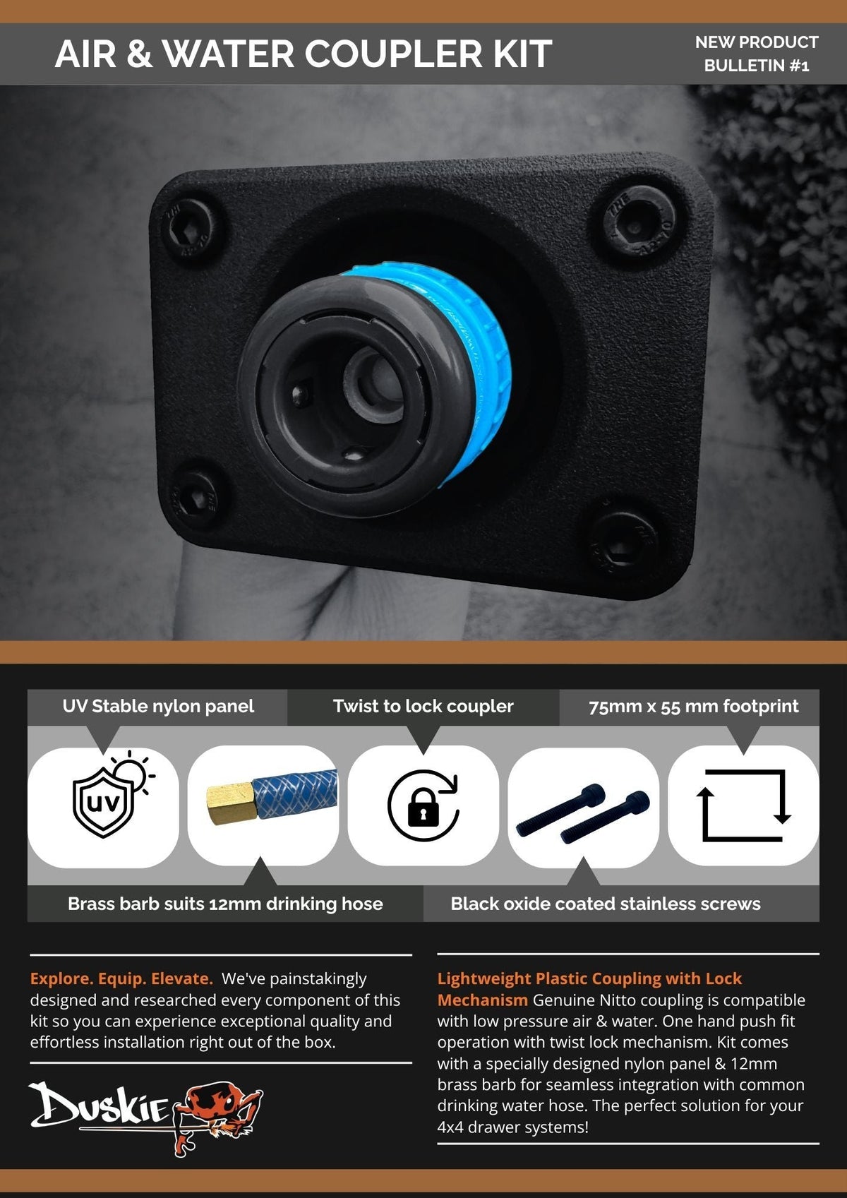 Duskie Air & Water Coupler Kit with blue twist-lock mechanism and UV stable nylon panel, 12mm brass barb.
