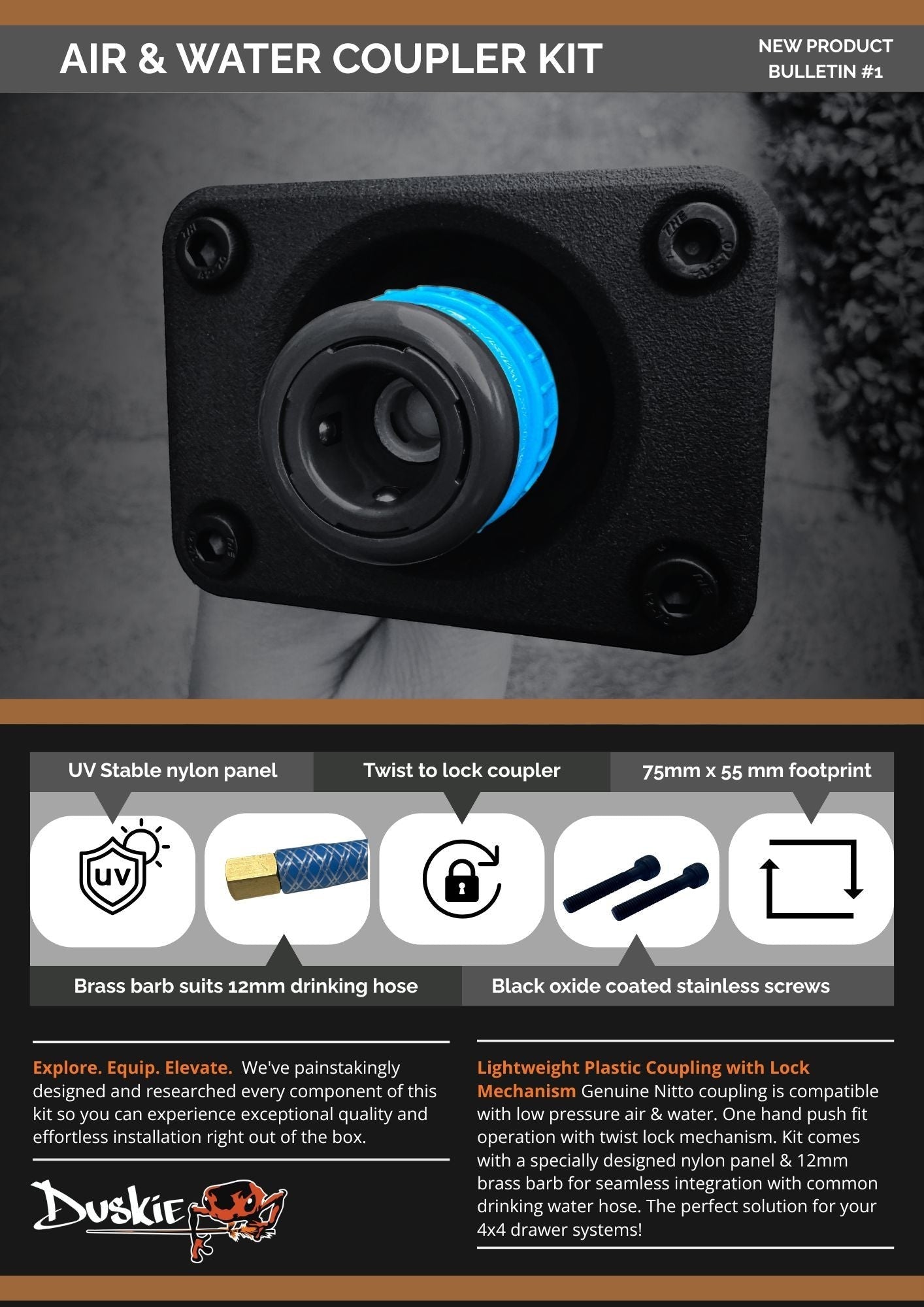 Duskie Air & Water Coupler Kit with blue twist-lock mechanism and UV stable nylon panel, 12mm brass barb.