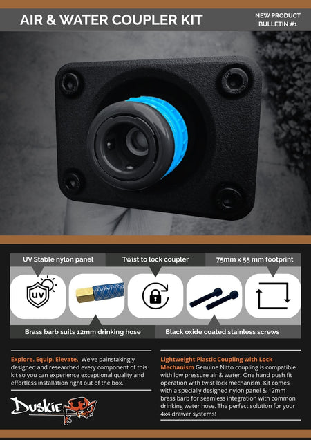 Duskie Air & Water Coupler Kit with blue twist-lock mechanism and UV stable nylon panel, 12mm brass barb.