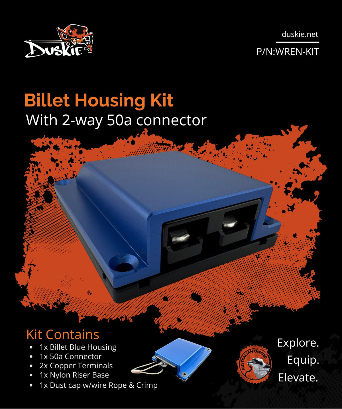 Duskie blue billet aluminium housing kit with 2-way 50A connector, dust cap, and riser base. Heavy duty 12V solution.