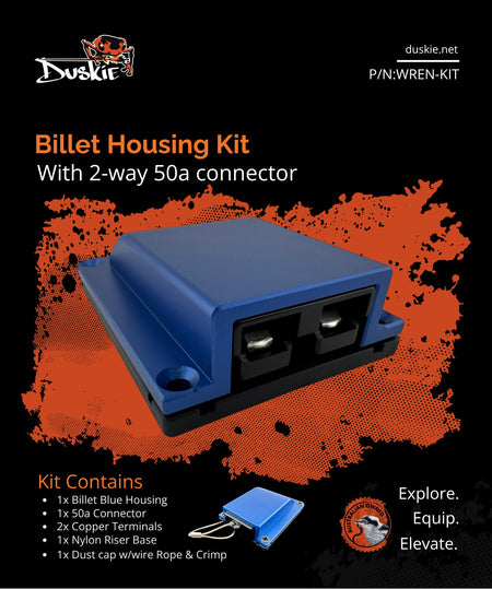 Duskie blue billet aluminium housing kit with 2-way 50A connector, dust cap, and riser base. Heavy duty 12V solution.
