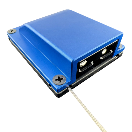 Duskie blue billet aluminium housing kit with 2-way 50A connector, dust cap, and wire rope.