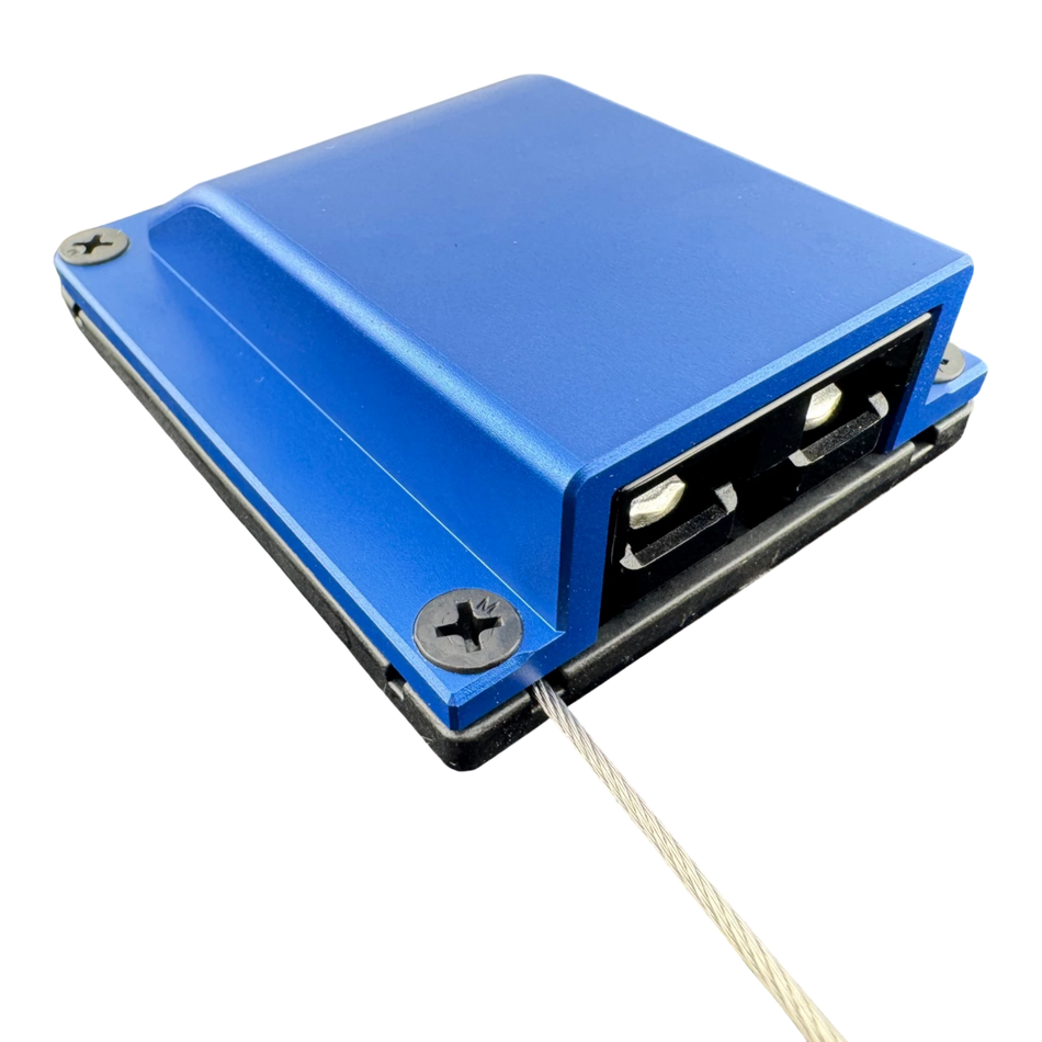 Duskie blue billet aluminium housing kit with 2-way 50A connector, dust cap, and wire rope.